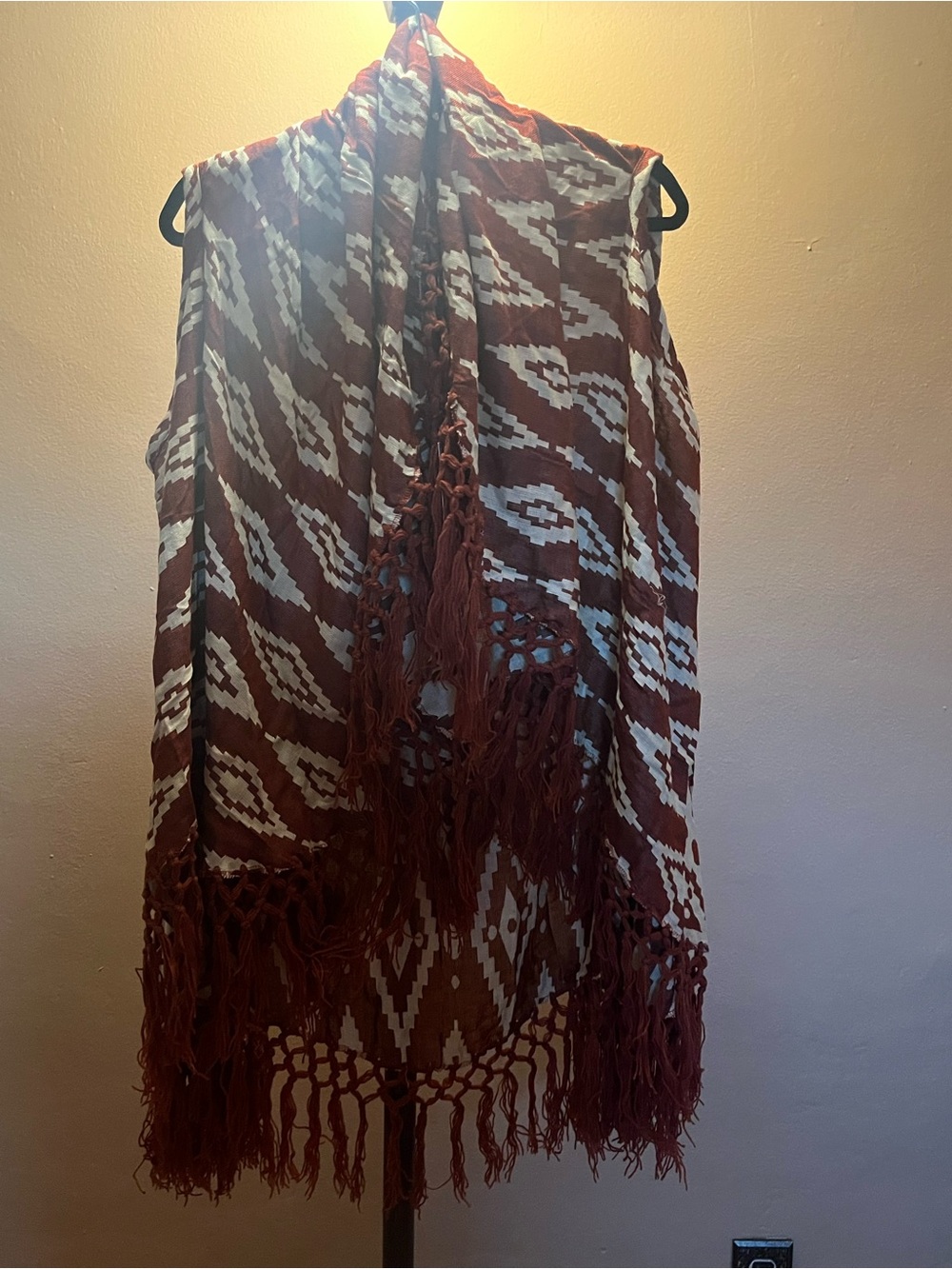 Raj Sleeveless Aztec Fringe Kimono Vest - Rust & Cream One Size NEW